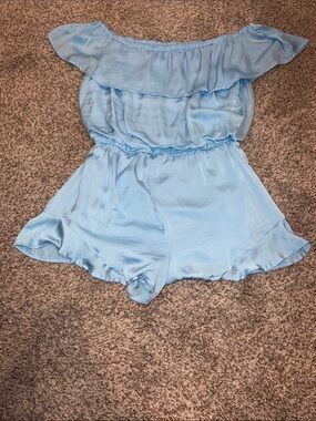 Womens Light Blue Off-Shoulder Ruffle One-Piece Romper